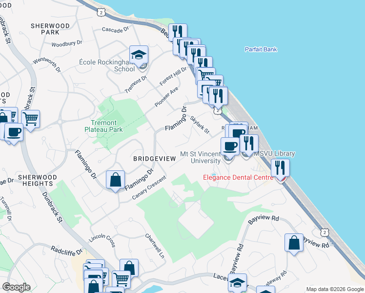 map of restaurants, bars, coffee shops, grocery stores, and more near 88 Armada Drive in Halifax