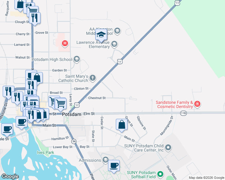 map of restaurants, bars, coffee shops, grocery stores, and more near 13 Missouri Ave in Potsdam