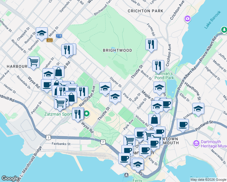 map of restaurants, bars, coffee shops, grocery stores, and more near 7 Slayter Street in Dartmouth