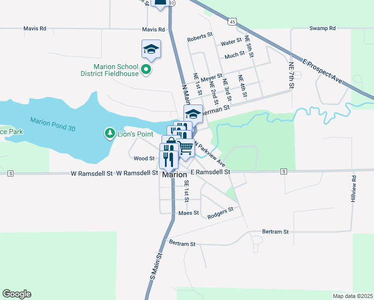 map of restaurants, bars, coffee shops, grocery stores, and more near 309 North Main Street in Marion