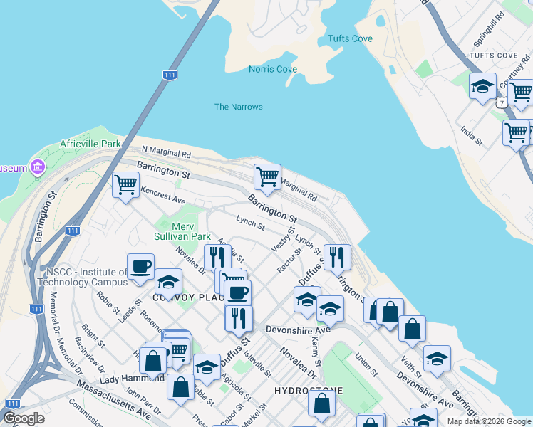 map of restaurants, bars, coffee shops, grocery stores, and more near 3666 Barrington Street in Halifax