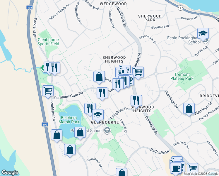 map of restaurants, bars, coffee shops, grocery stores, and more near in Halifax