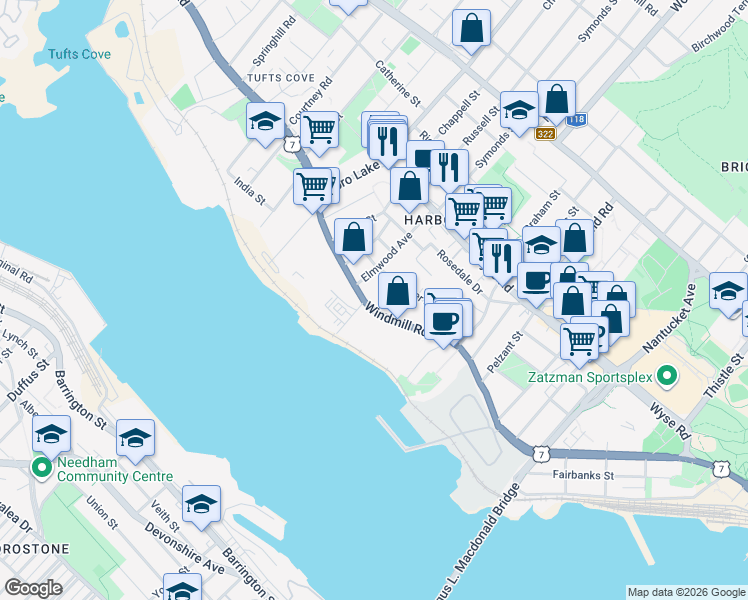map of restaurants, bars, coffee shops, grocery stores, and more near 8 Elmwood Avenue in Dartmouth