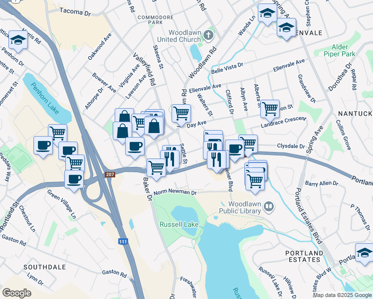 map of restaurants, bars, coffee shops, grocery stores, and more near 16 Settle Street in Dartmouth