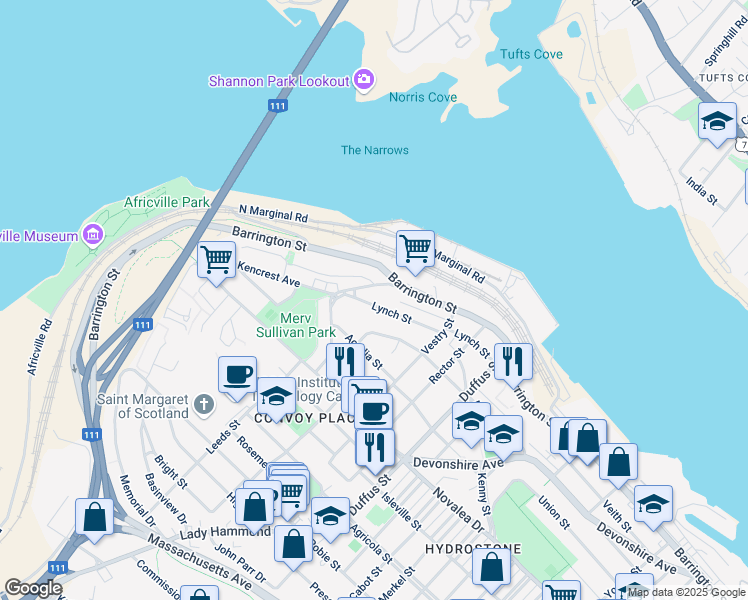 map of restaurants, bars, coffee shops, grocery stores, and more near 3703 Lynch Street in Halifax