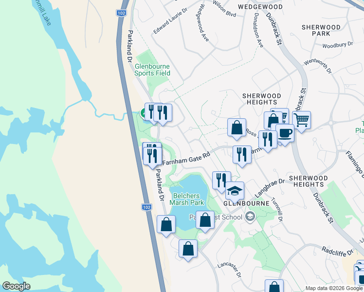 map of restaurants, bars, coffee shops, grocery stores, and more near 19 Aster Court in Halifax