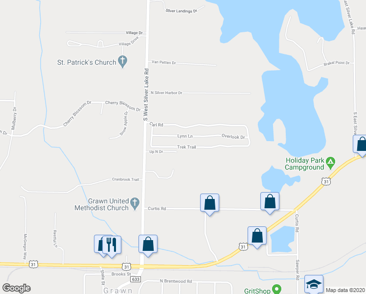 map of restaurants, bars, coffee shops, grocery stores, and more near 1245 Trek Trail in Traverse City