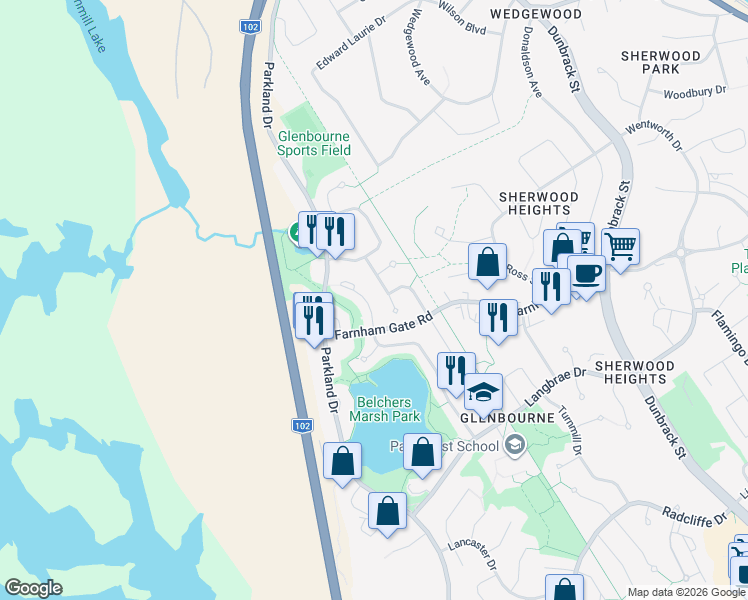 map of restaurants, bars, coffee shops, grocery stores, and more near 19 Aster Court in Halifax