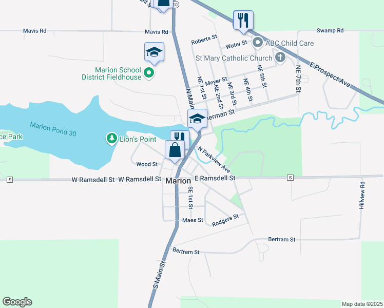 map of restaurants, bars, coffee shops, grocery stores, and more near 309 North Main Street in Marion