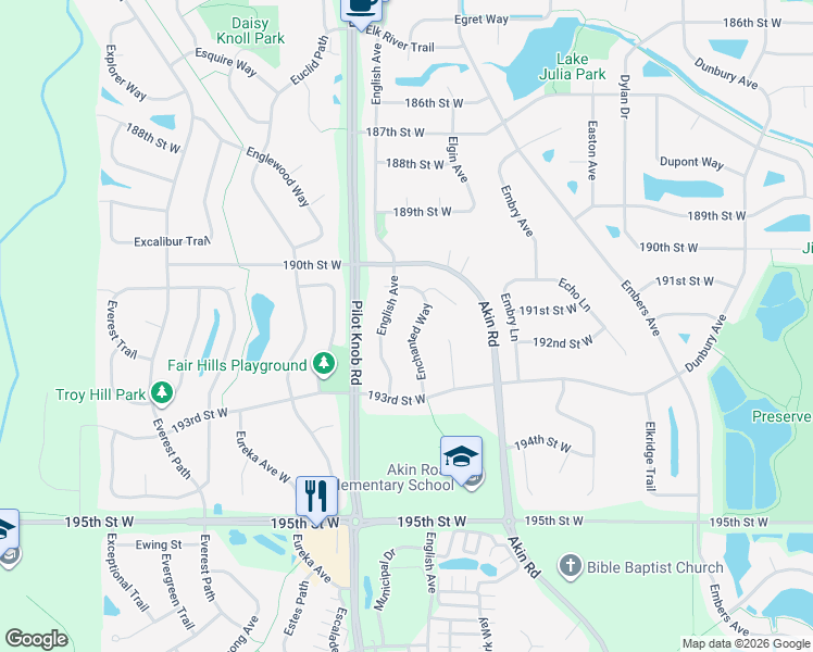 map of restaurants, bars, coffee shops, grocery stores, and more near 19093 Enchanted Way in Farmington