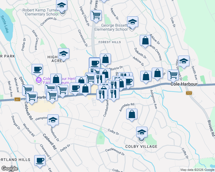 map of restaurants, bars, coffee shops, grocery stores, and more near 7 Forest Hills Parkway in Cole Harbour