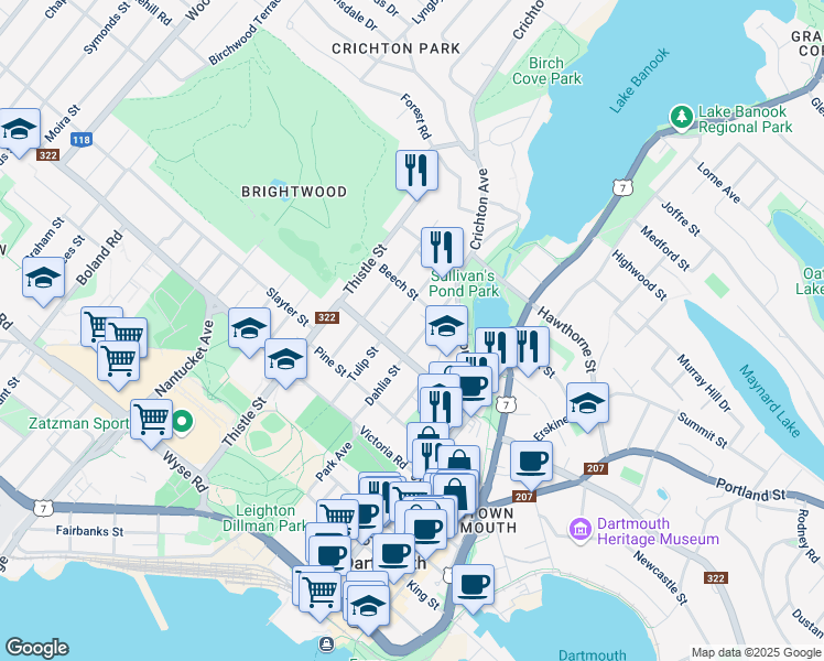 map of restaurants, bars, coffee shops, grocery stores, and more near 43 Tulip Street in Dartmouth
