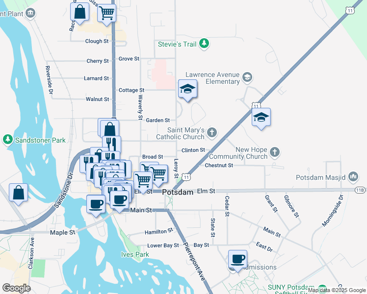 map of restaurants, bars, coffee shops, grocery stores, and more near 4 Clinton St in Potsdam