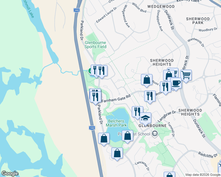 map of restaurants, bars, coffee shops, grocery stores, and more near 25 Aster Court in Halifax