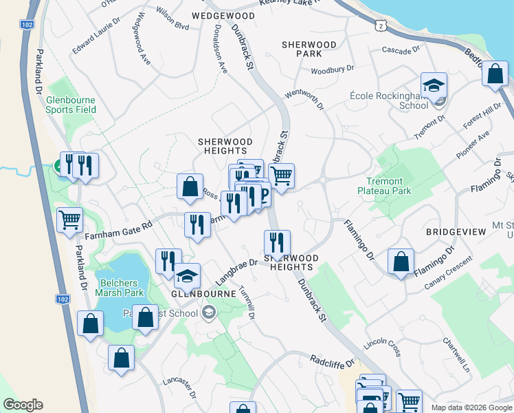 map of restaurants, bars, coffee shops, grocery stores, and more near 30 Farnham Gate Road in Halifax