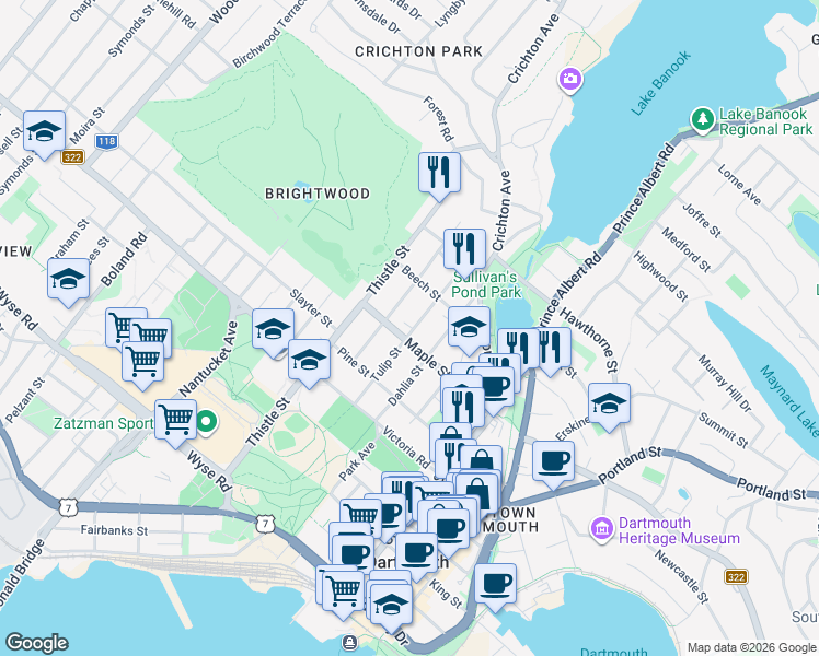 map of restaurants, bars, coffee shops, grocery stores, and more near 35 Tulip Street in Dartmouth