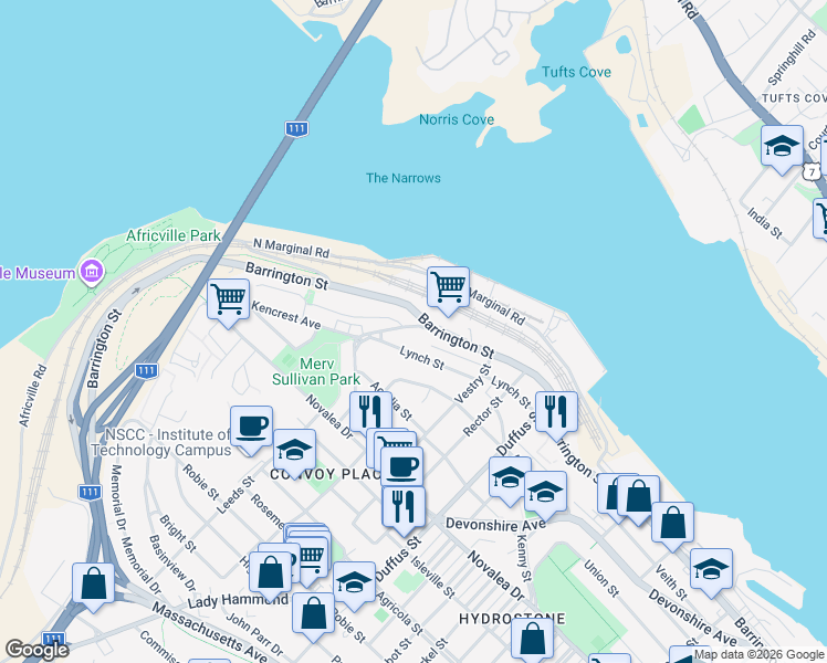 map of restaurants, bars, coffee shops, grocery stores, and more near 5292 Glebe Street in Halifax