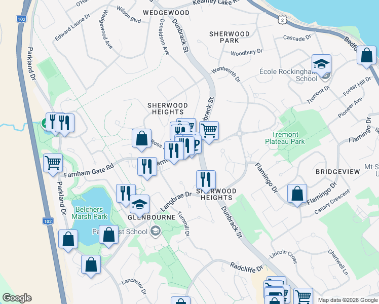 map of restaurants, bars, coffee shops, grocery stores, and more near 30 Farnham Gate Road in Halifax
