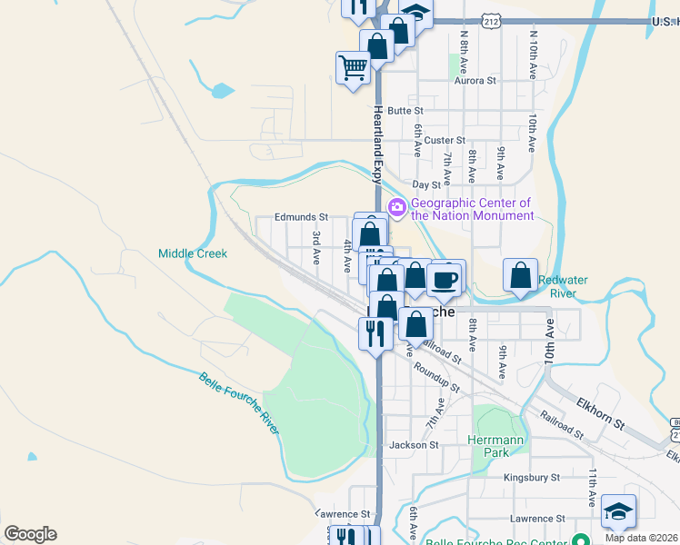 map of restaurants, bars, coffee shops, grocery stores, and more near 520 4th Avenue in Belle Fourche
