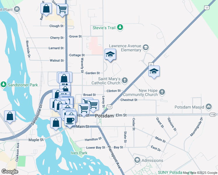 map of restaurants, bars, coffee shops, grocery stores, and more near 4 Clinton St in Potsdam