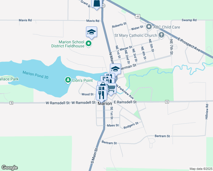 map of restaurants, bars, coffee shops, grocery stores, and more near 309 North Main Street in Marion