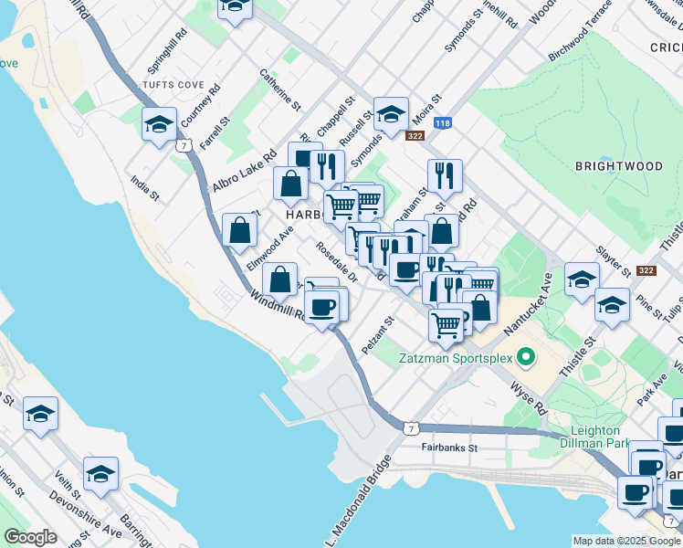 map of restaurants, bars, coffee shops, grocery stores, and more near 201 Wyse Road in Dartmouth