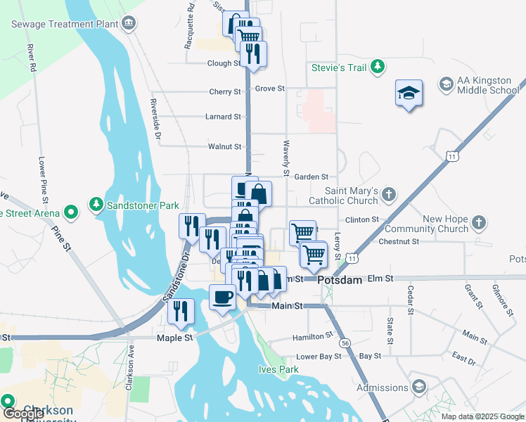 map of restaurants, bars, coffee shops, grocery stores, and more near 3 Pleasant Street in Potsdam