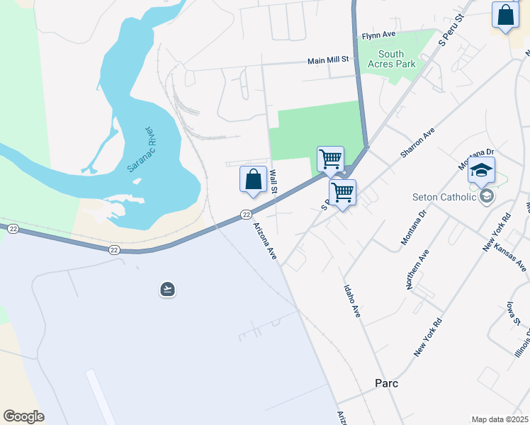 map of restaurants, bars, coffee shops, grocery stores, and more near 2-8 Wall Street in Plattsburgh