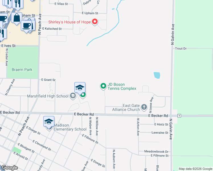map of restaurants, bars, coffee shops, grocery stores, and more near North Hume Avenue in Marshfield