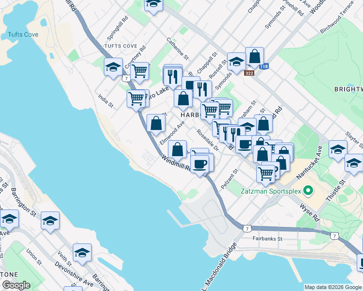map of restaurants, bars, coffee shops, grocery stores, and more near 50 Hester Street in Dartmouth