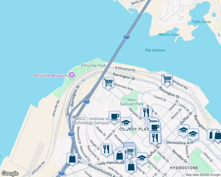 map of restaurants, bars, coffee shops, grocery stores, and more near 3862 Newbery Street in Halifax