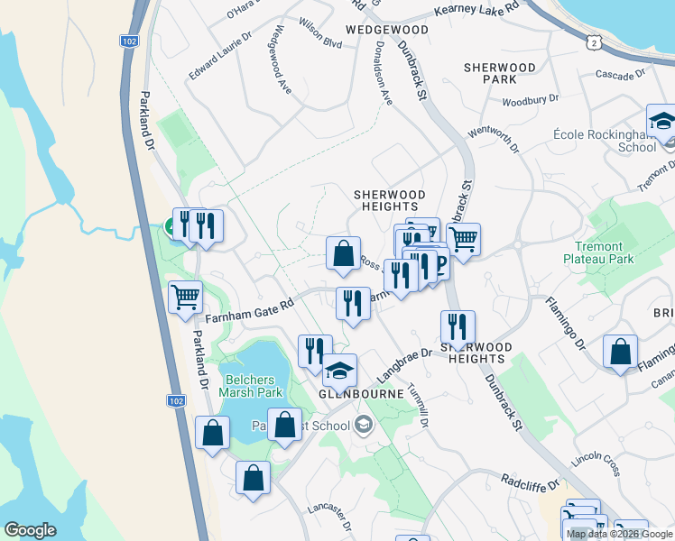 map of restaurants, bars, coffee shops, grocery stores, and more near 46 Attenborough Court in Halifax