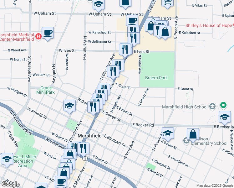 map of restaurants, bars, coffee shops, grocery stores, and more near 700 North Maple Avenue in Marshfield