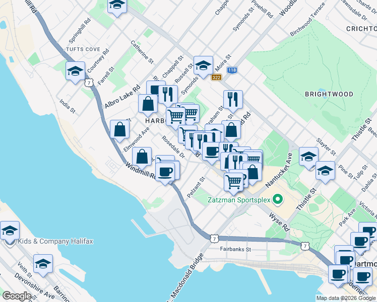 map of restaurants, bars, coffee shops, grocery stores, and more near 195 Wyse Road in Dartmouth