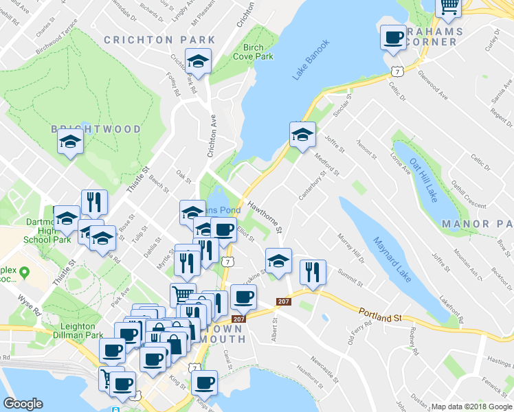 map of restaurants, bars, coffee shops, grocery stores, and more near 67 Hawthorne Street in Dartmouth