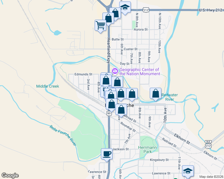 map of restaurants, bars, coffee shops, grocery stores, and more near in Belle Fourche