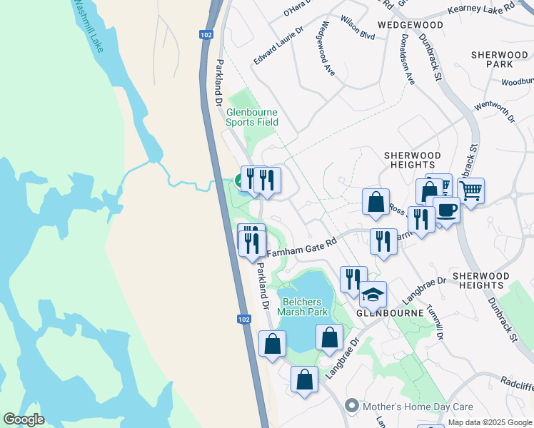 map of restaurants, bars, coffee shops, grocery stores, and more near 49 Aster Court in Halifax