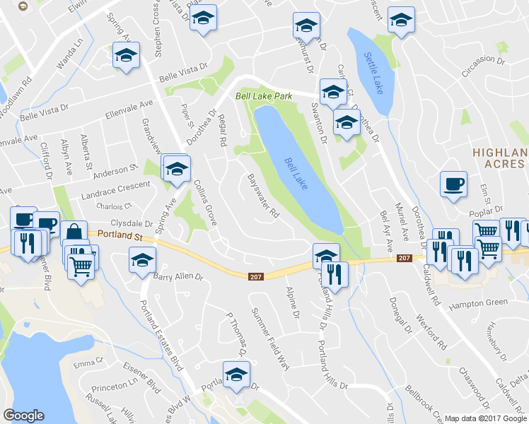 map of restaurants, bars, coffee shops, grocery stores, and more near 11 Bayswater Road in Dartmouth