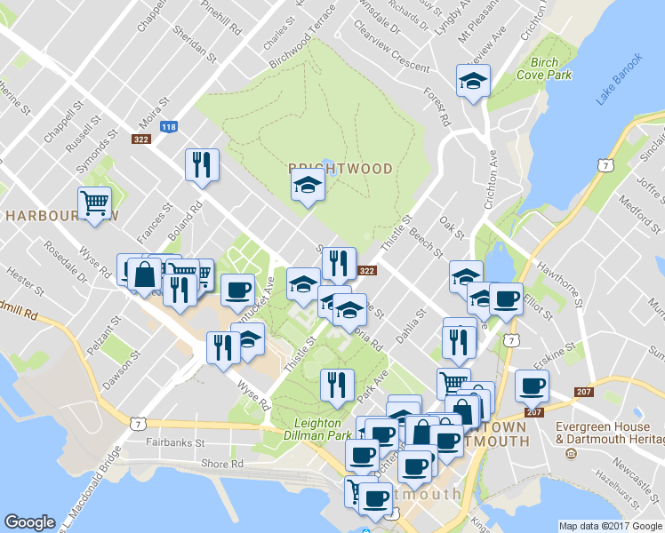map of restaurants, bars, coffee shops, grocery stores, and more near 7 Slayter Street in Dartmouth