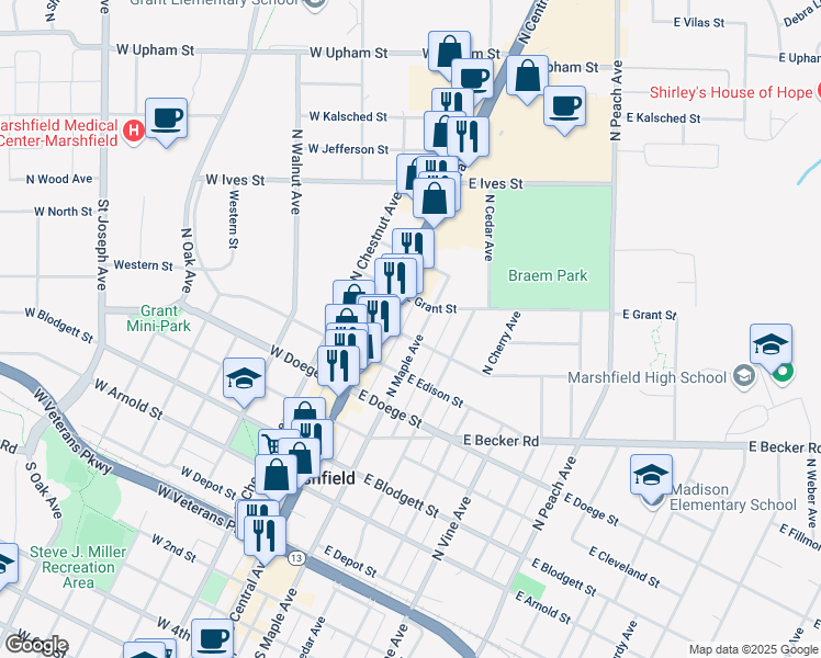 map of restaurants, bars, coffee shops, grocery stores, and more near 700 North Maple Avenue in Marshfield