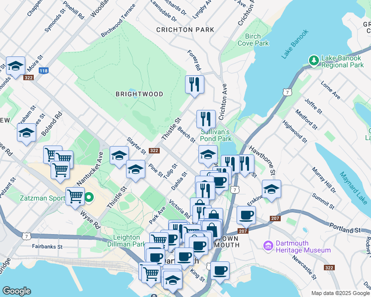 map of restaurants, bars, coffee shops, grocery stores, and more near 43 Tulip Street in Dartmouth