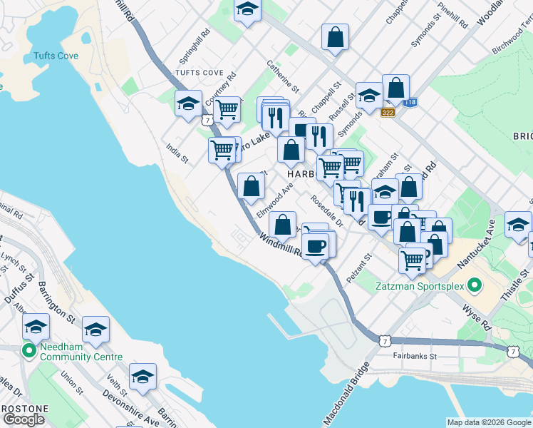 map of restaurants, bars, coffee shops, grocery stores, and more near 8 Elmwood Avenue in Dartmouth