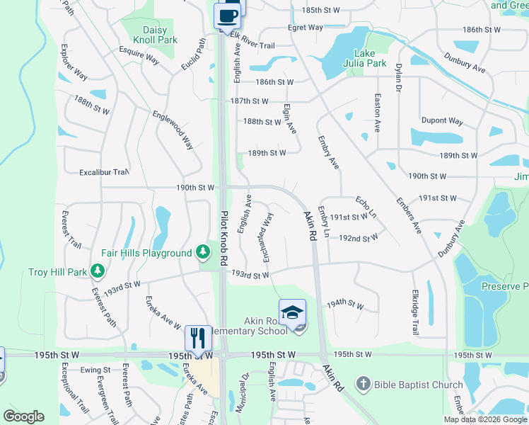 map of restaurants, bars, coffee shops, grocery stores, and more near 19093 Enchanted Way in Farmington