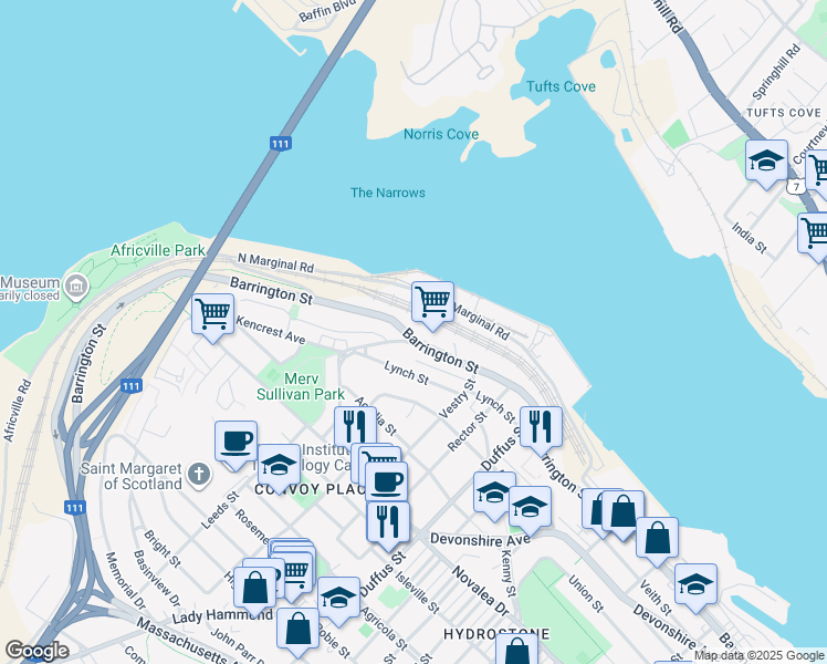 map of restaurants, bars, coffee shops, grocery stores, and more near 3709 Barrington Street in Halifax