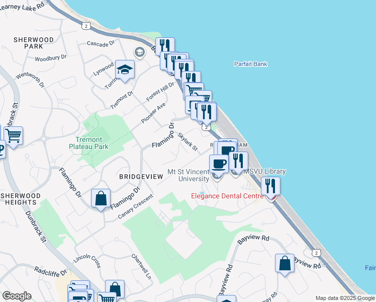 map of restaurants, bars, coffee shops, grocery stores, and more near 10 Bonaventure Drive in Halifax