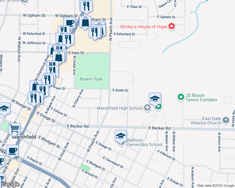 map of restaurants, bars, coffee shops, grocery stores, and more near 808 East Grant Street in Marshfield