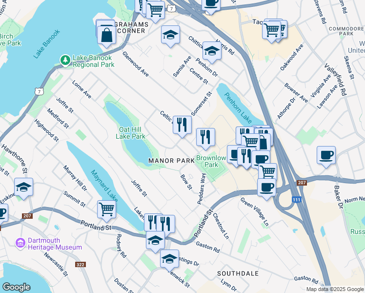 map of restaurants, bars, coffee shops, grocery stores, and more near 62 Peddars Way in Dartmouth