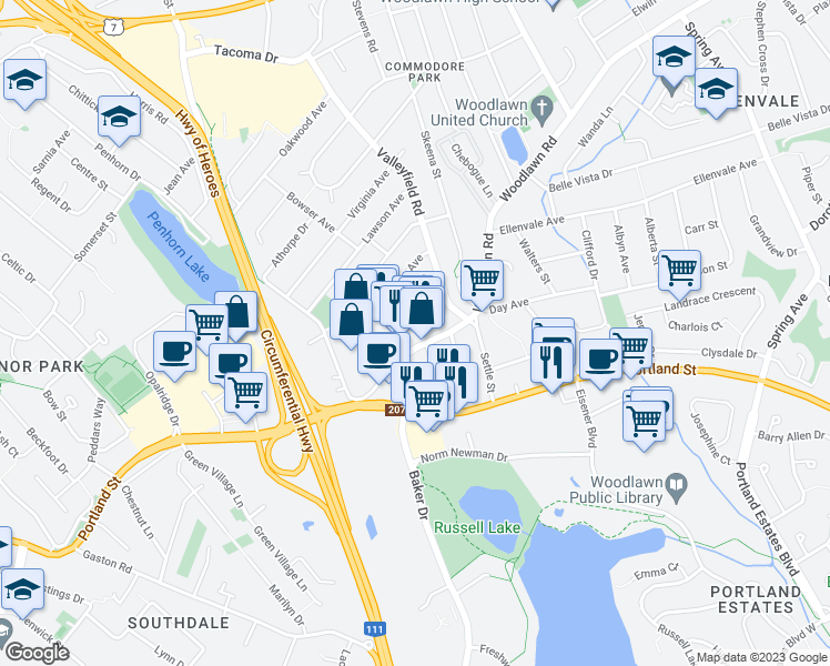 map of restaurants, bars, coffee shops, grocery stores, and more near 114 Woodlawn Road in Dartmouth