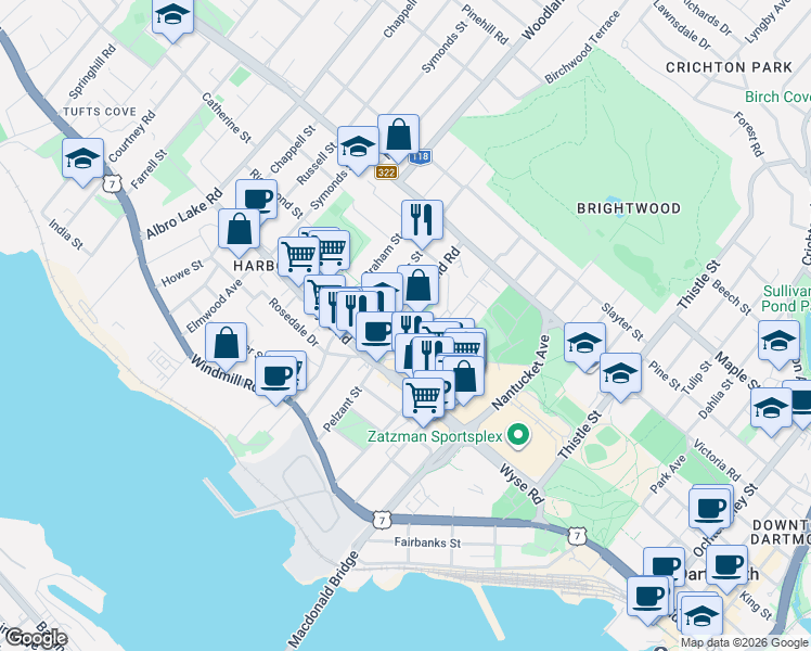 map of restaurants, bars, coffee shops, grocery stores, and more near Victoria Road in Dartmouth