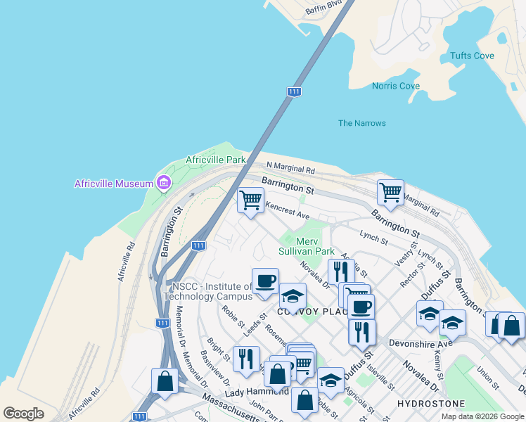 map of restaurants, bars, coffee shops, grocery stores, and more near 3862 Newbery Street in Halifax